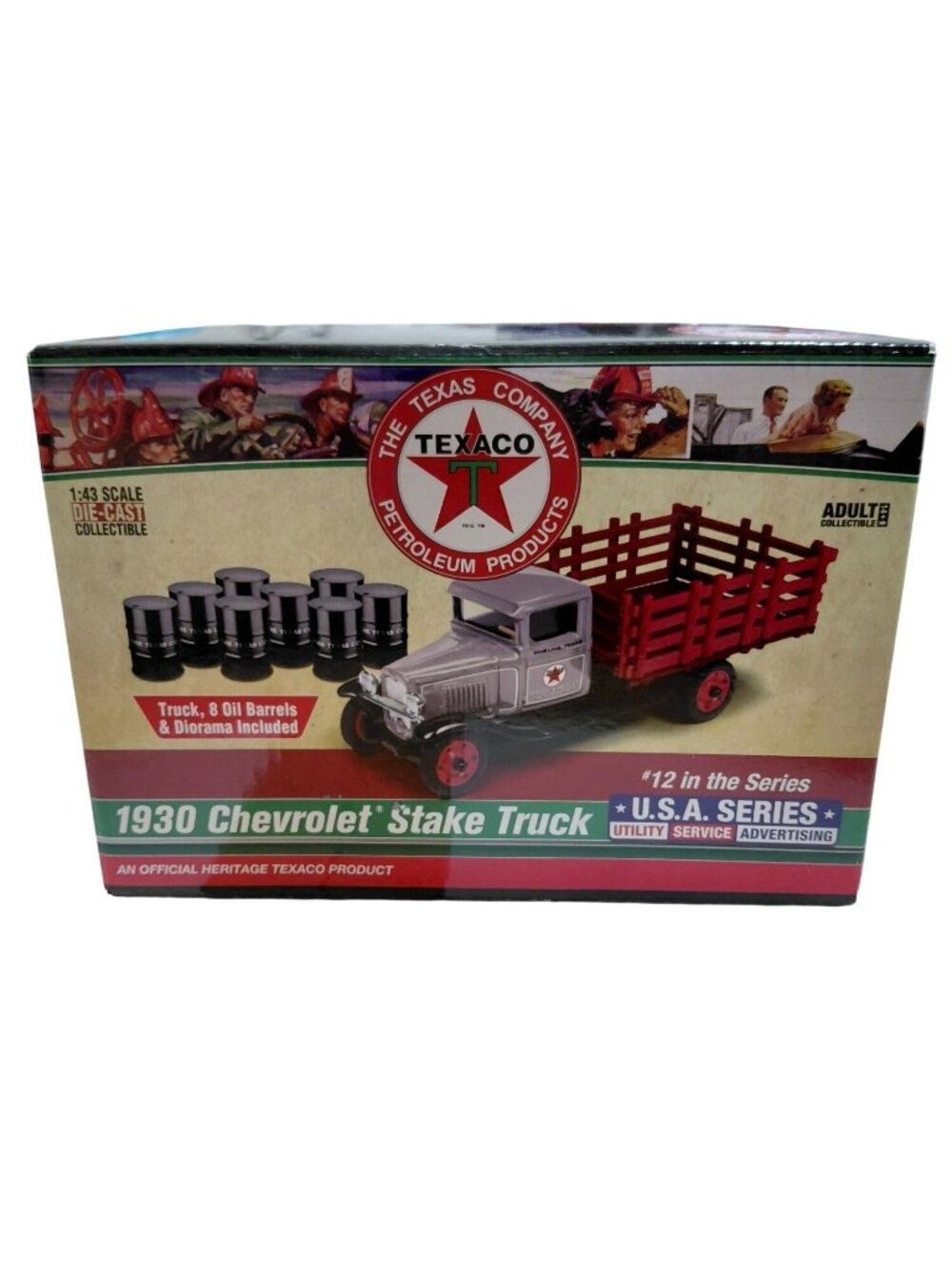 Texaco 1930 Chevrolet Stake Truck Die-Cast Model W/ Diorama & Oil Barrels NIB